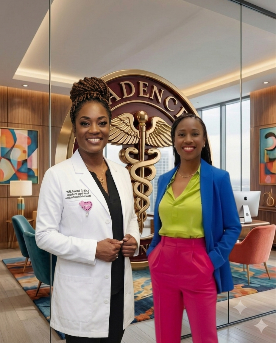 CADENCE Founders Andera and Lakia in front of the caduceus emblem at their consulting office